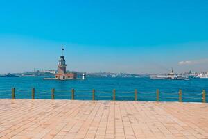 Ferry and Kiz Kulesi aka Maiden's tower with cityscape of Istanbul photo