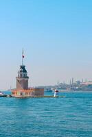 Kiz Kulesi aka Maiden's Tower and historical peninsula of Istanbul on background photo