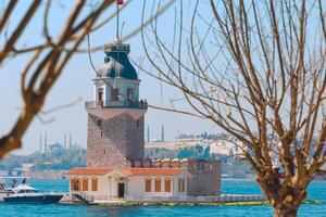 Kiz Kulesi aka Maiden's Tower and cityscape of Istanbul view between the trees photo