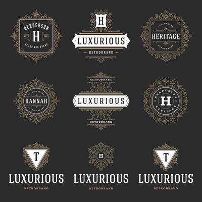 Vintage logos templates set, flourishes calligraphic elegant ornaments frames and borders.