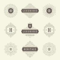 Vintage logos templates set, flourishes calligraphic elegant ornaments frames and borders. vector