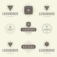 Vintage logos templates set, flourishes calligraphic elegant ornaments frames and borders. vector