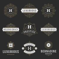 Vintage logos templates set, flourishes calligraphic elegant ornaments frames and borders. vector