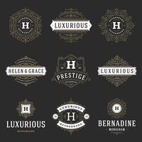 Vintage logos templates set, flourishes calligraphic elegant ornaments frames and borders. vector