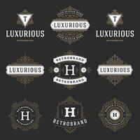 Vintage logos templates set, flourishes calligraphic elegant ornaments frames and borders. vector