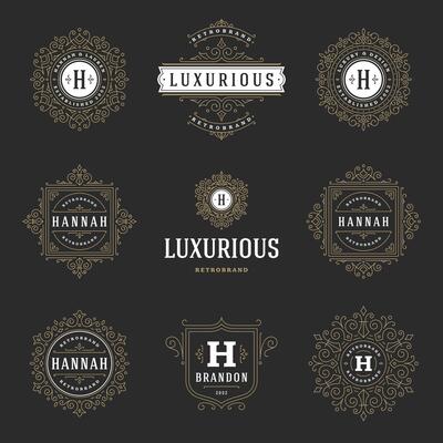 Vintage logos templates set, flourishes calligraphic elegant ornaments frames and borders.