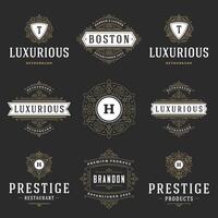 Vintage logos templates set, flourishes calligraphic elegant ornaments frames and borders. vector