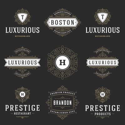 Vintage logos templates set, flourishes calligraphic elegant ornaments frames and borders.