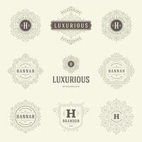 Vintage logos templates set, flourishes calligraphic elegant ornaments frames and borders. vector