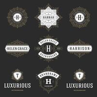 Vintage logos templates set, flourishes calligraphic elegant ornaments frames and borders. vector