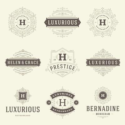 Vintage logos templates set, flourishes calligraphic elegant ornaments frames and borders.