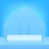 Light blue 3d podium pedestal geometric stand with semi circle wall background realistic vector