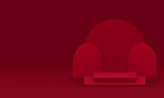 Red 3d podium pedestal geometric stand with semi circle wall background realistic vector