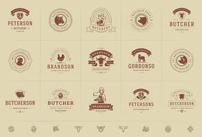 Carnicero tienda logos conjunto ilustración bueno para granja o restaurante insignias con animales y carne siluetas vector