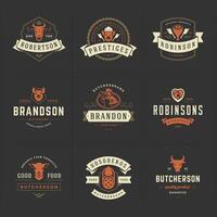 Butcher shop logos set illustration good for farm or restaurant badges with animals and meat silhouettes vector