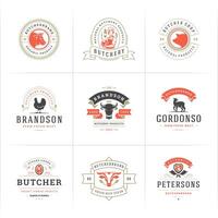 Carnicero tienda logos conjunto ilustración bueno para granja o restaurante insignias con animales y carne siluetas vector