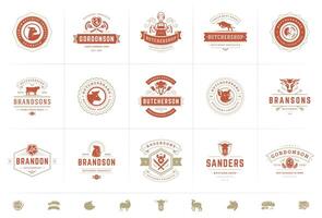 Carnicero tienda logos conjunto ilustración bueno para granja o restaurante insignias con animales y carne siluetas vector