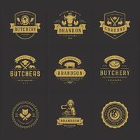 Butcher shop logos set illustration good for farm or restaurant badges with animals and meat silhouettes vector