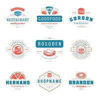 Fast food logos set illustration good for pizzeria or burger shop and restaurant menu badges with food silhouette vector