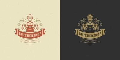 Carnicero tienda logo ilustración cocinero participación salchichas silueta bueno para restaurante menú Insignia vector