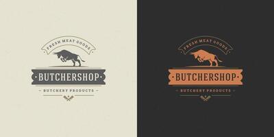 Steak house logo illustration jumping bull silhouette good for farm or restaurant badge vector