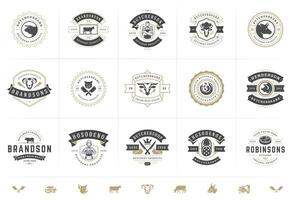 Carnicero tienda logos conjunto ilustración bueno para granja o restaurante insignias con animales y carne siluetas vector