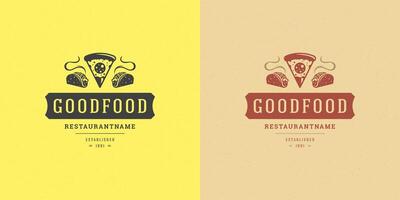 Pizzeria logo illustration pizza slice with tacos silhouette good for restaurant menu and cafe badge vector