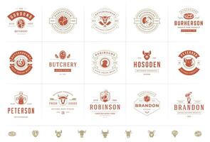 Carnicero tienda logos conjunto ilustración bueno para granja o restaurante insignias con animales y carne siluetas vector