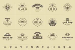 Fast food logos set illustration good for pizzeria or burger shop and restaurant menu badges with food silhouette vector