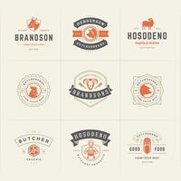 Butcher shop logos set illustration good for farm or restaurant badges with animals and meat silhouettes vector