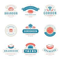 Fast food logos set illustration good for pizzeria or burger shop and restaurant menu badges with food silhouette vector