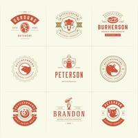 Butcher shop logos set illustration good for farm or restaurant badges with animals and meat silhouettes vector