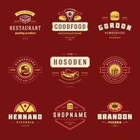 Fast food logos set illustration good for pizzeria or burger shop and restaurant menu badges with food silhouette vector