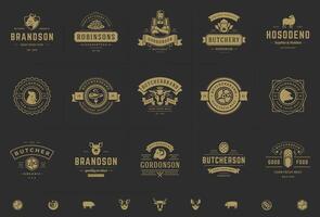 Butcher shop logos set illustration good for farm or restaurant badges with animals and meat silhouettes vector