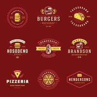 Fast food logos set illustration good for pizzeria or burger shop and restaurant menu badges with food silhouette vector