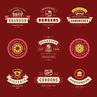 Fast food logos set illustration good for pizzeria or burger shop and restaurant menu badges with food silhouette vector