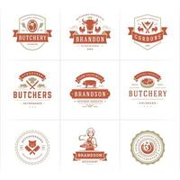 Carnicero tienda logos conjunto ilustración bueno para granja o restaurante insignias con animales y carne siluetas vector