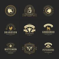 Butcher shop logos set illustration good for farm or restaurant badges with animals and meat silhouettes vector