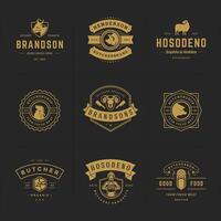 Butcher shop logos set illustration good for farm or restaurant badges with animals and meat silhouettes vector