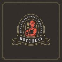 Butcher shop logo illustration chef holding meat vector