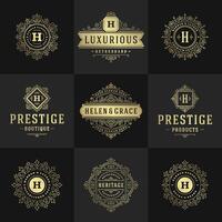 Vintage logos and monograms set elegant flourishes line art graceful ornaments victorian style template design vector