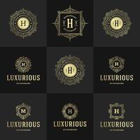 Vintage logos and monograms set elegant flourishes line art graceful ornaments victorian style template design vector