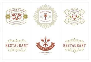 restaurante logos y insignias plantillas conjunto ilustración. vector