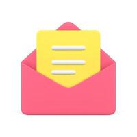 Red open envelope with yellow letter inside 3d icon illustration. Cyberspace email, mail, vector