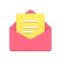 Red open envelope with yellow letter inside 3d icon illustration. Cyberspace email, mail, vector