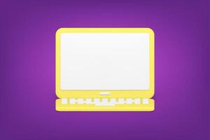 Yellow minimalistic laptop 3d icon. Volumetric digital gadget on purple background vector