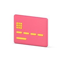 rosado crédito tarjeta. volumétrico el plastico rectángulo con amarillo código rayas y chip vector