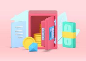 Secure storage finances in safe. Pink armored box with open door and gold coins vector