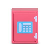 volumétrico rosado banco seguro 3d icono. blindado almacenamiento con combinación bloquear y electrónico panel vector