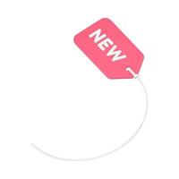 Sale volumetric 3d tag on wire. Pink sticker with product advertisement and plastic fasteners vector